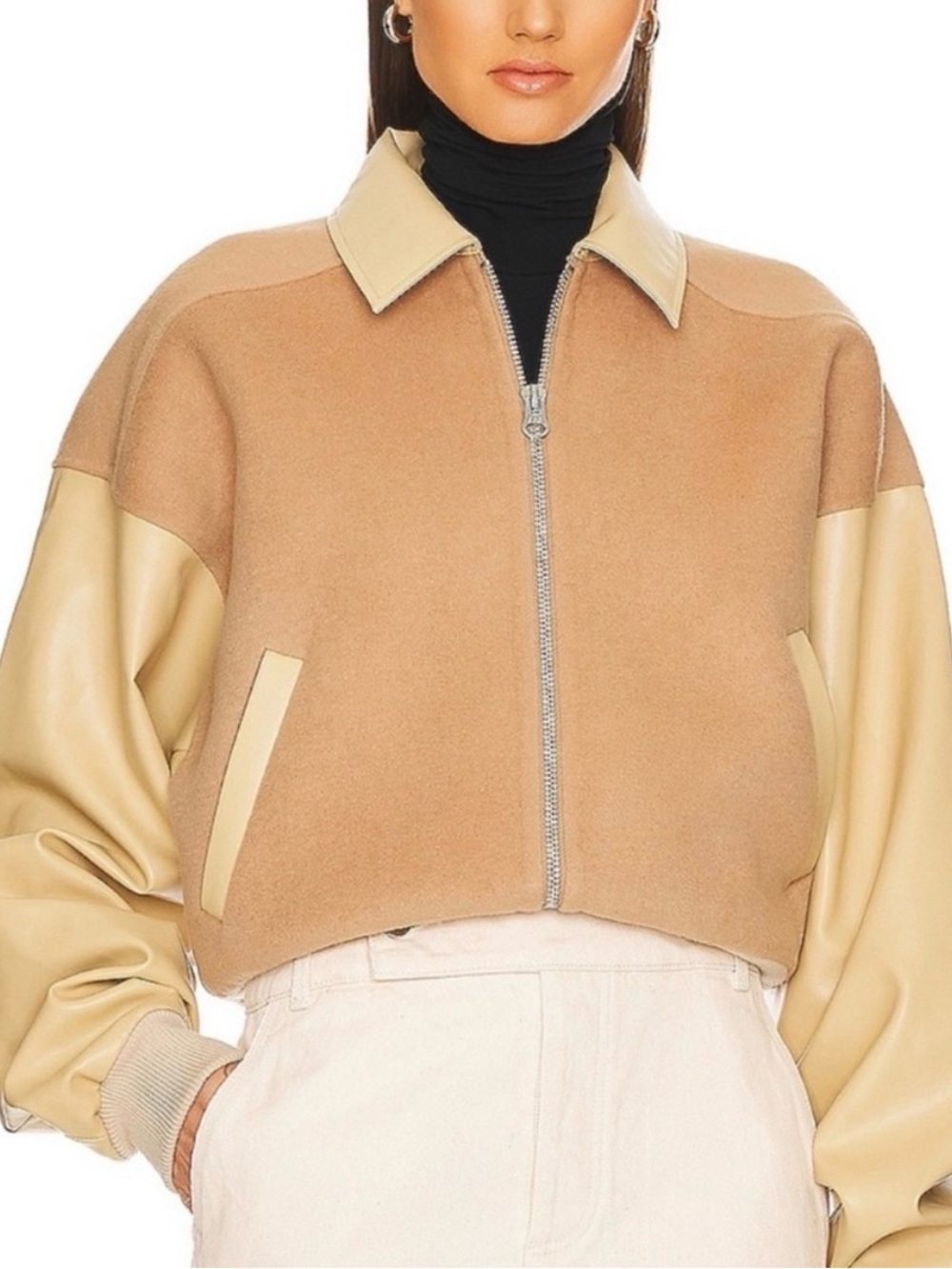Cropped Bomber Jacket in Camel and Cream